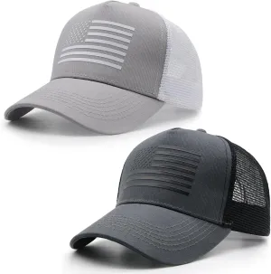 2 Packs American Flag Trucker Hat, Adjustable Mesh Snapback USA Flag Baseball Caps for Men Women