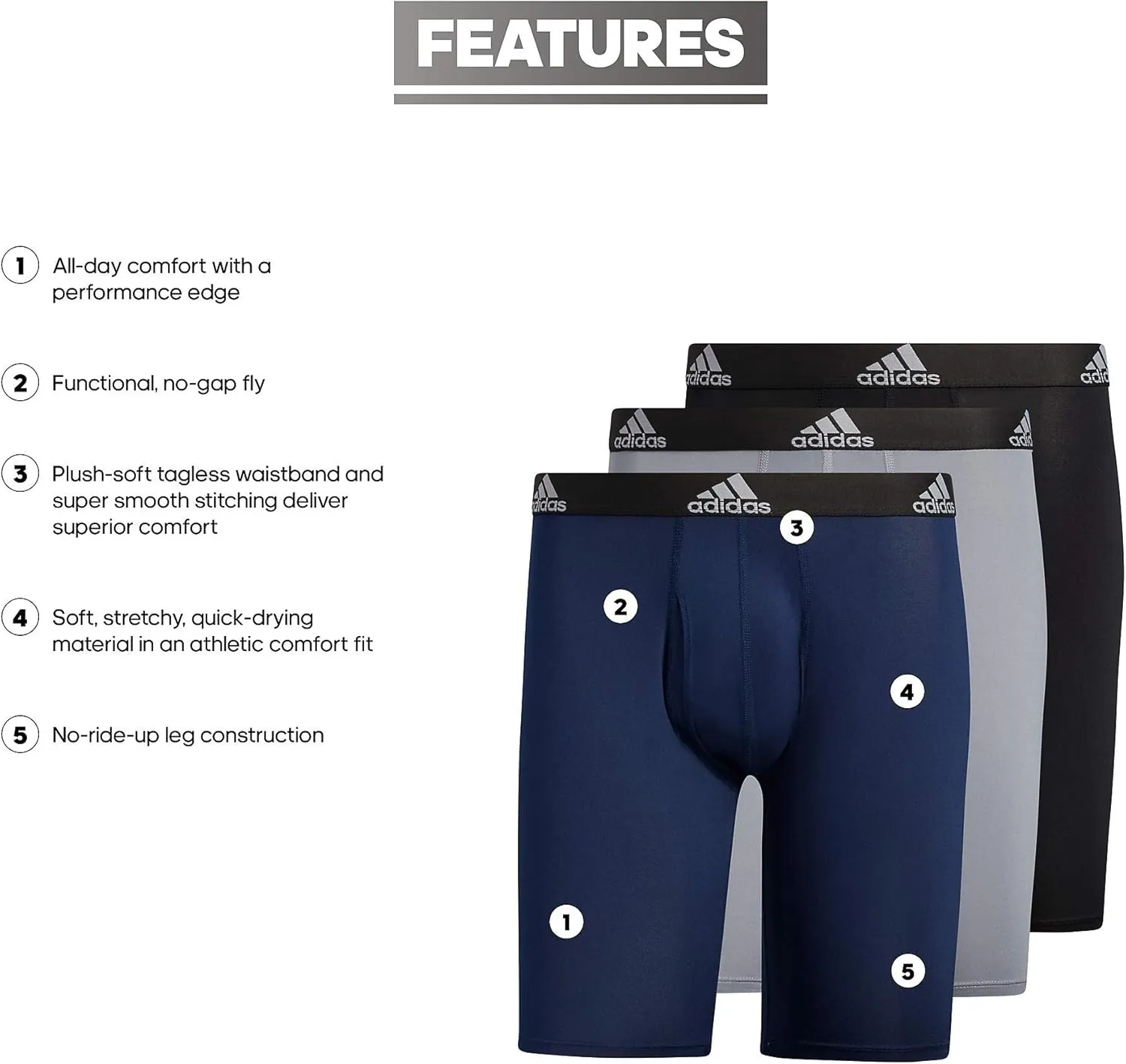 adidas Men's Performance 3-Pack Long Boxer Brief, Underwear Boxer Briefs - 3-Pack Long Men's Underwear Pack