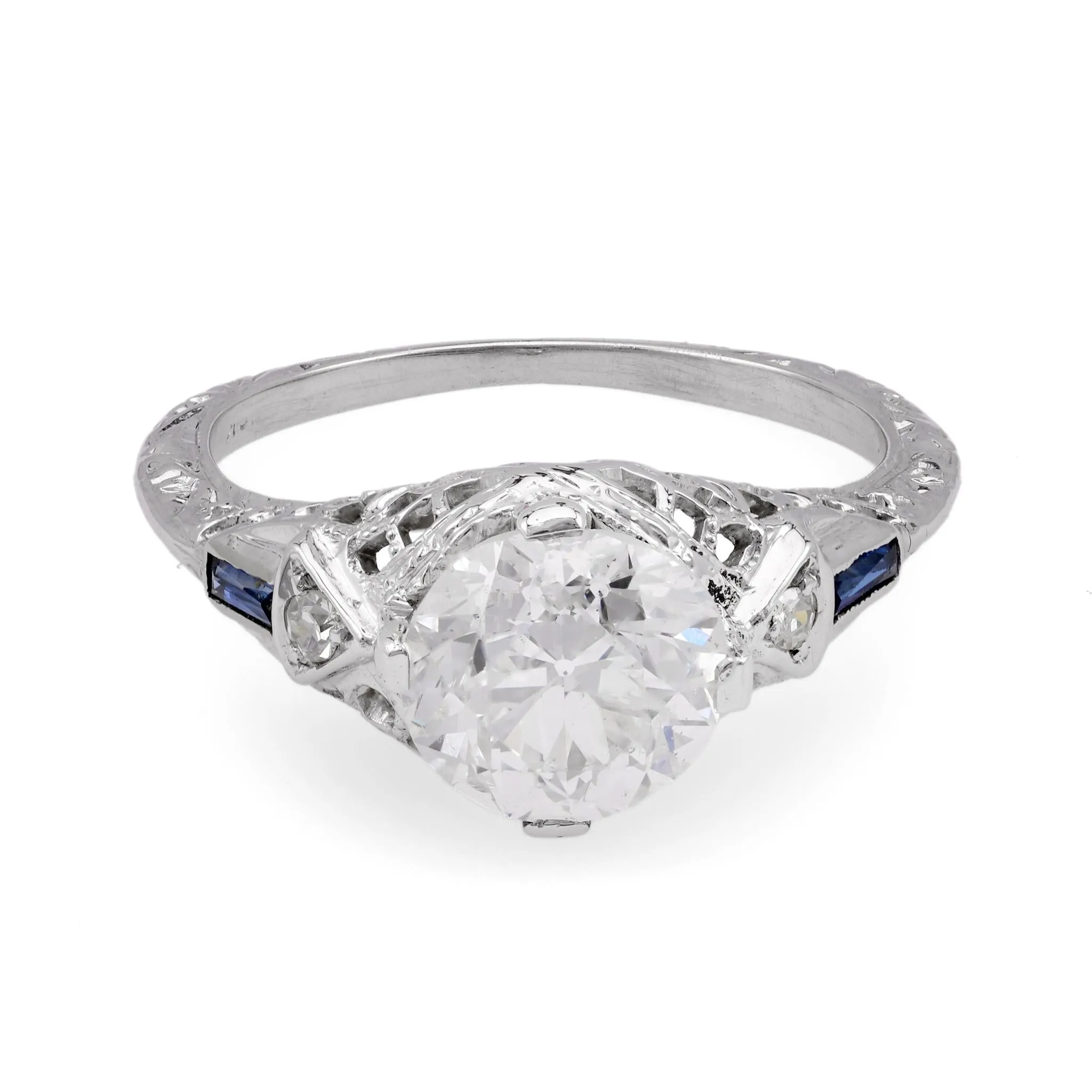 Art Deco GIA 1.66 Carat Old European Diamond Sapphire White Gold Engagement Ring