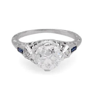 Art Deco GIA 1.66 Carat Old European Diamond Sapphire White Gold Engagement Ring