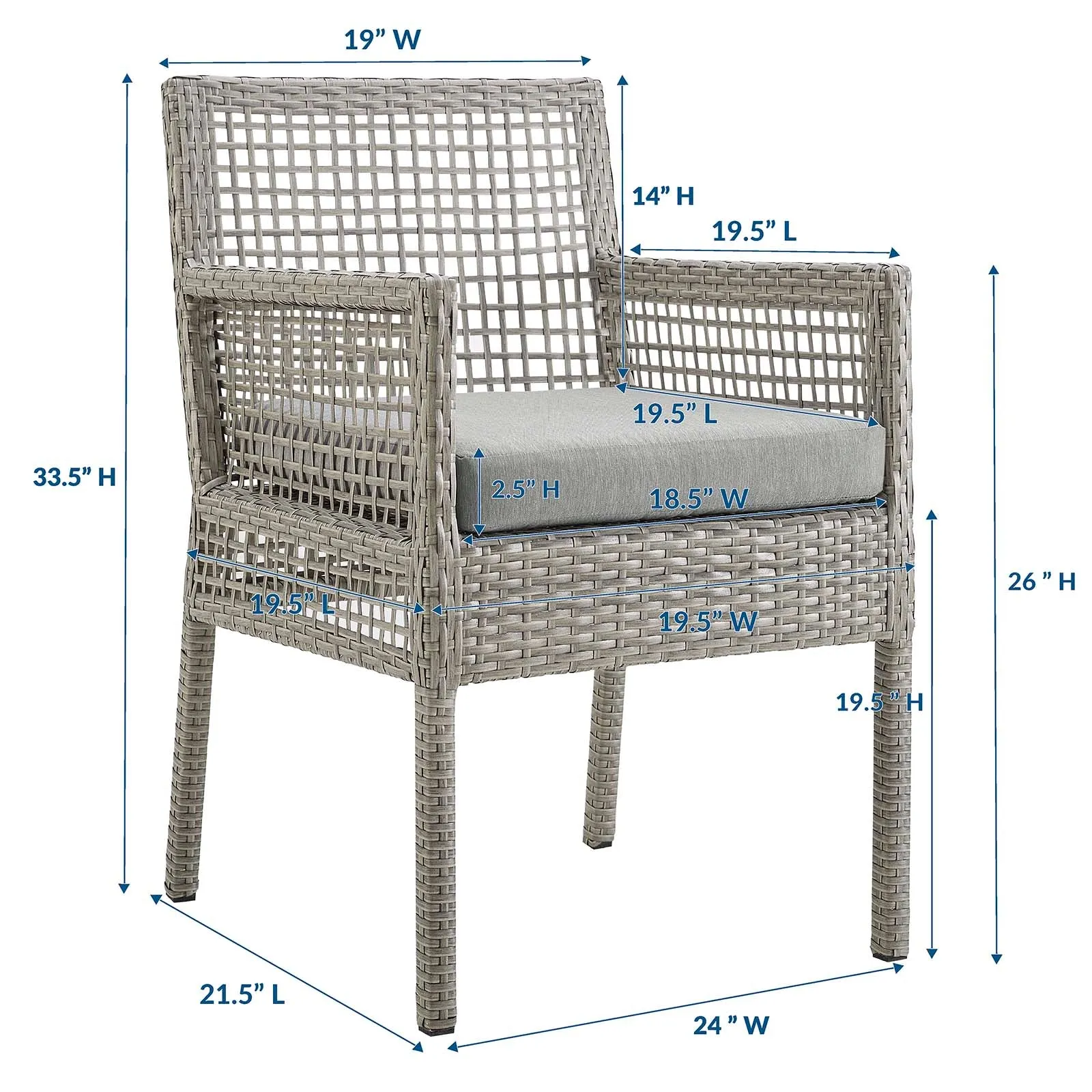Aura Outdoor Patio Wicker Rattan Dining Armchair Gray Gray EEI-2920-GRY-GRY