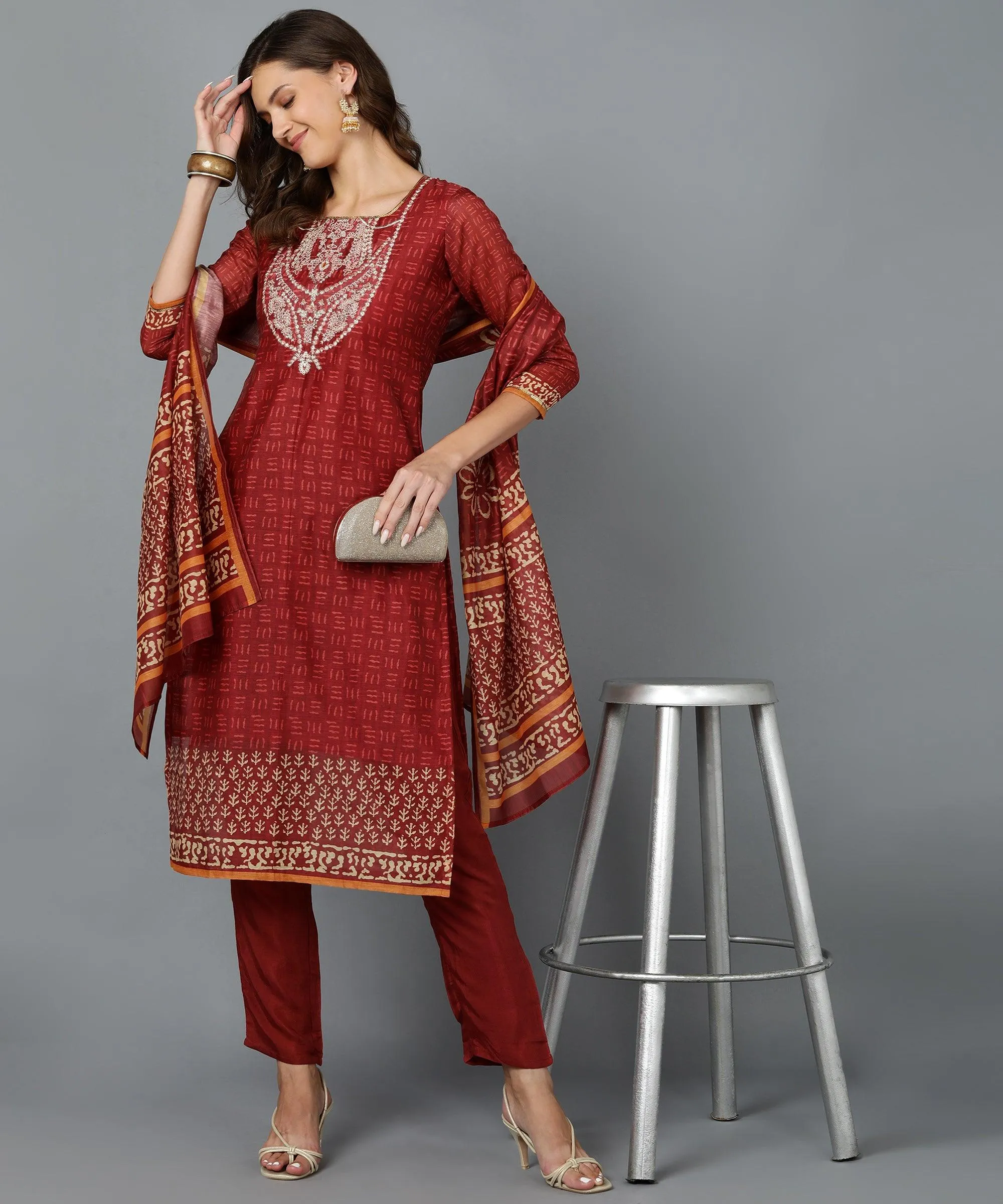 Bani Women Yoke Embroided Kurta Pant Set with Dupatta Rust & Teal