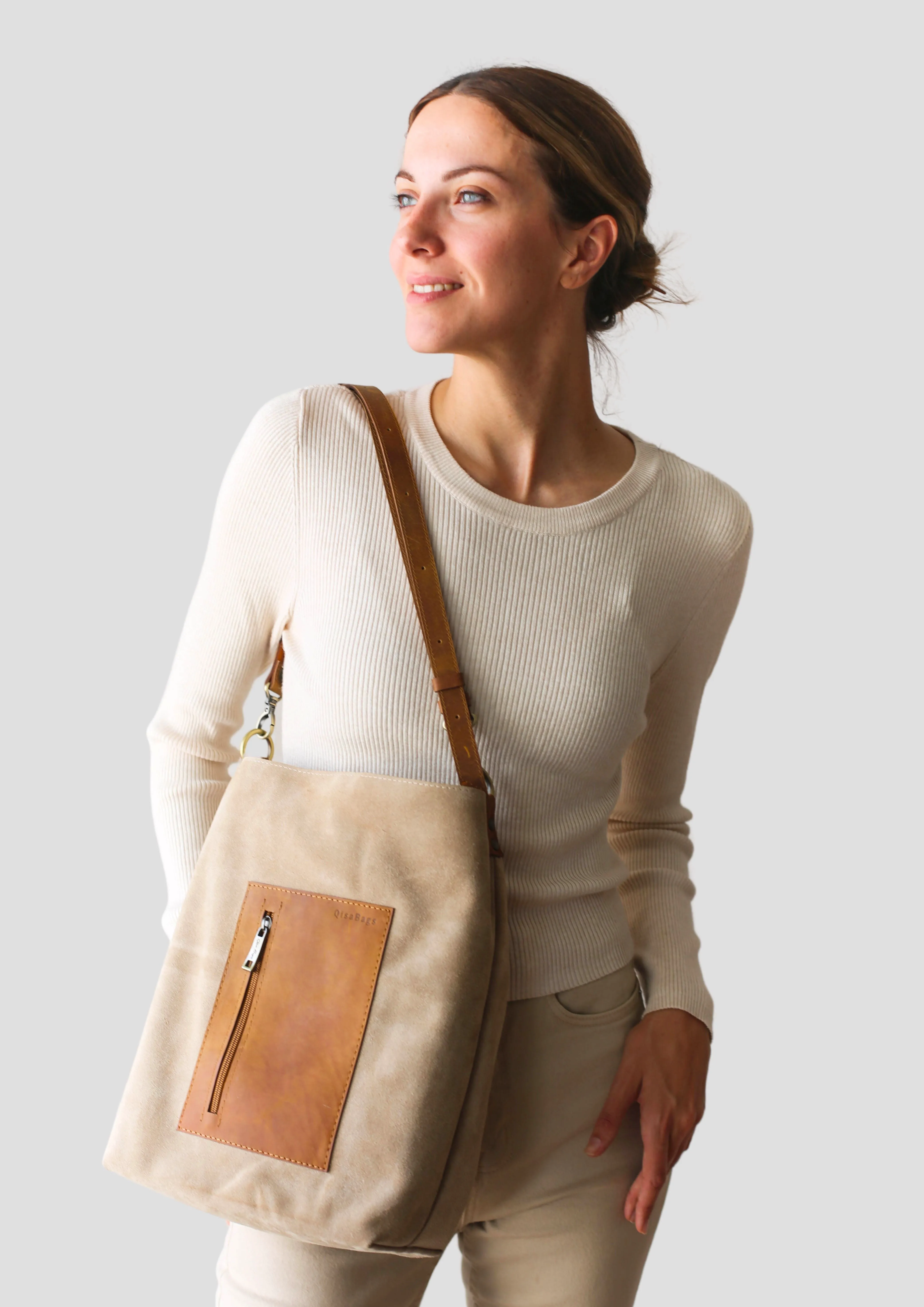 Beige Suede Leather Satchel