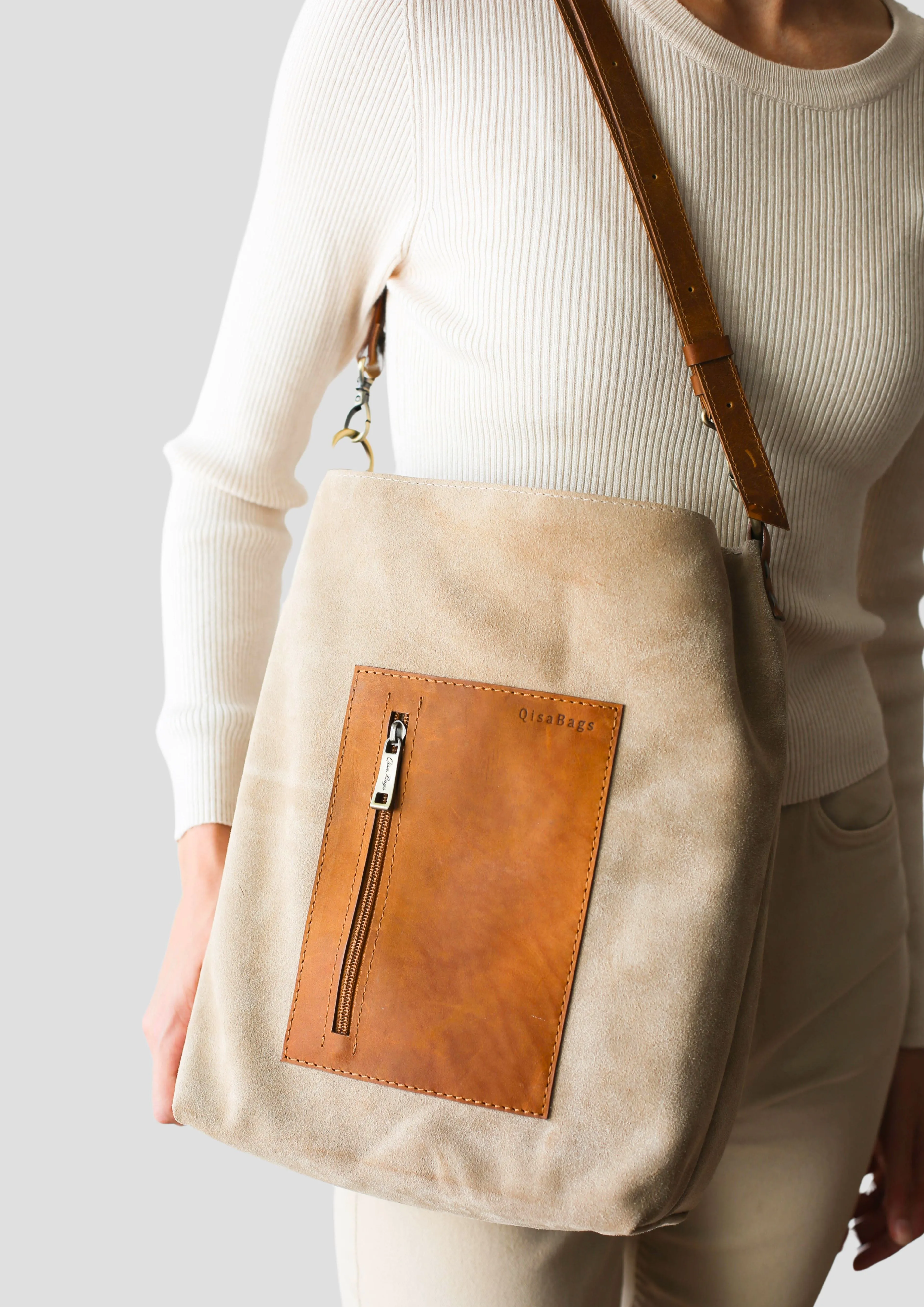 Beige Suede Leather Satchel