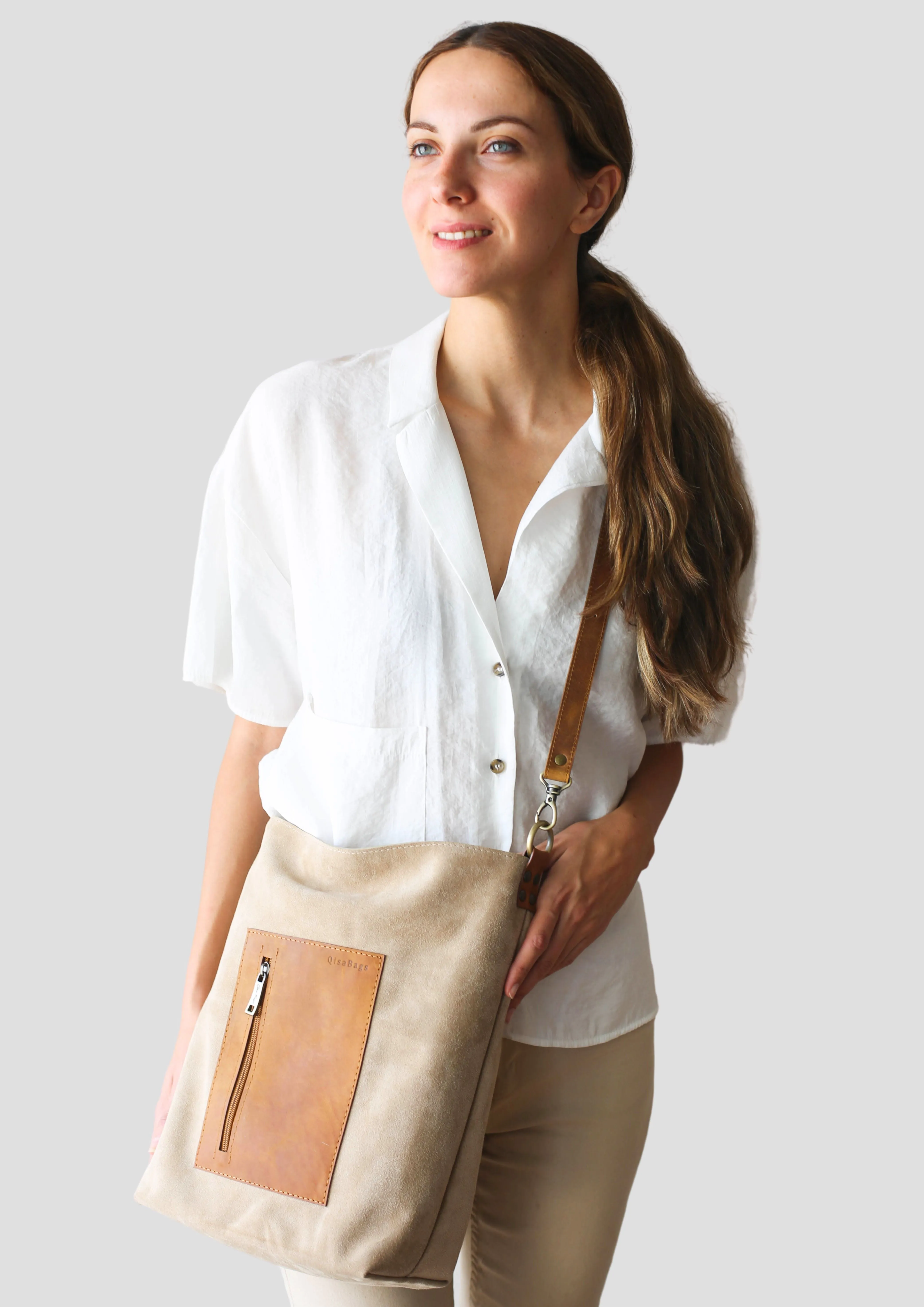 Beige Suede Leather Satchel