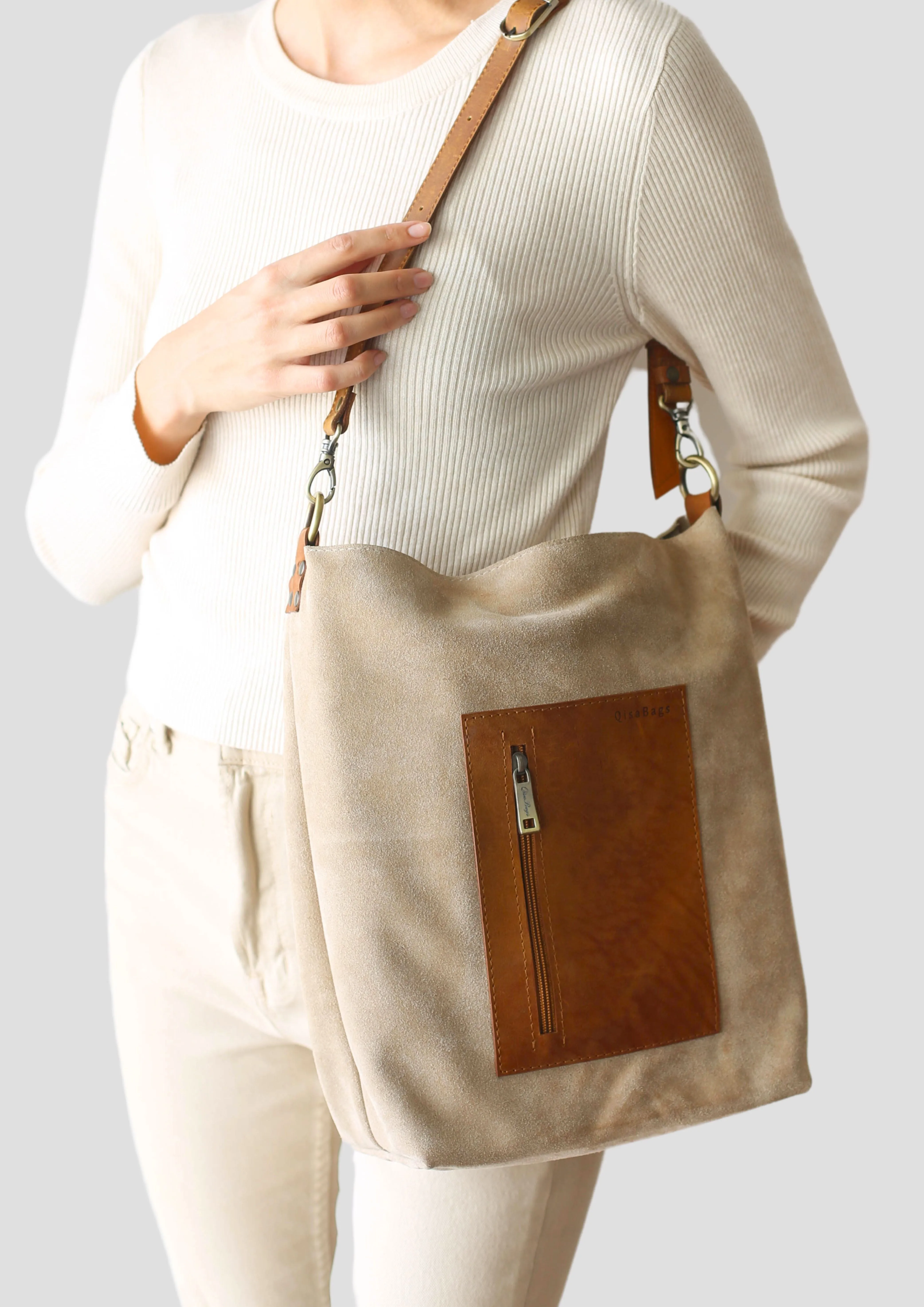 Beige Suede Leather Satchel