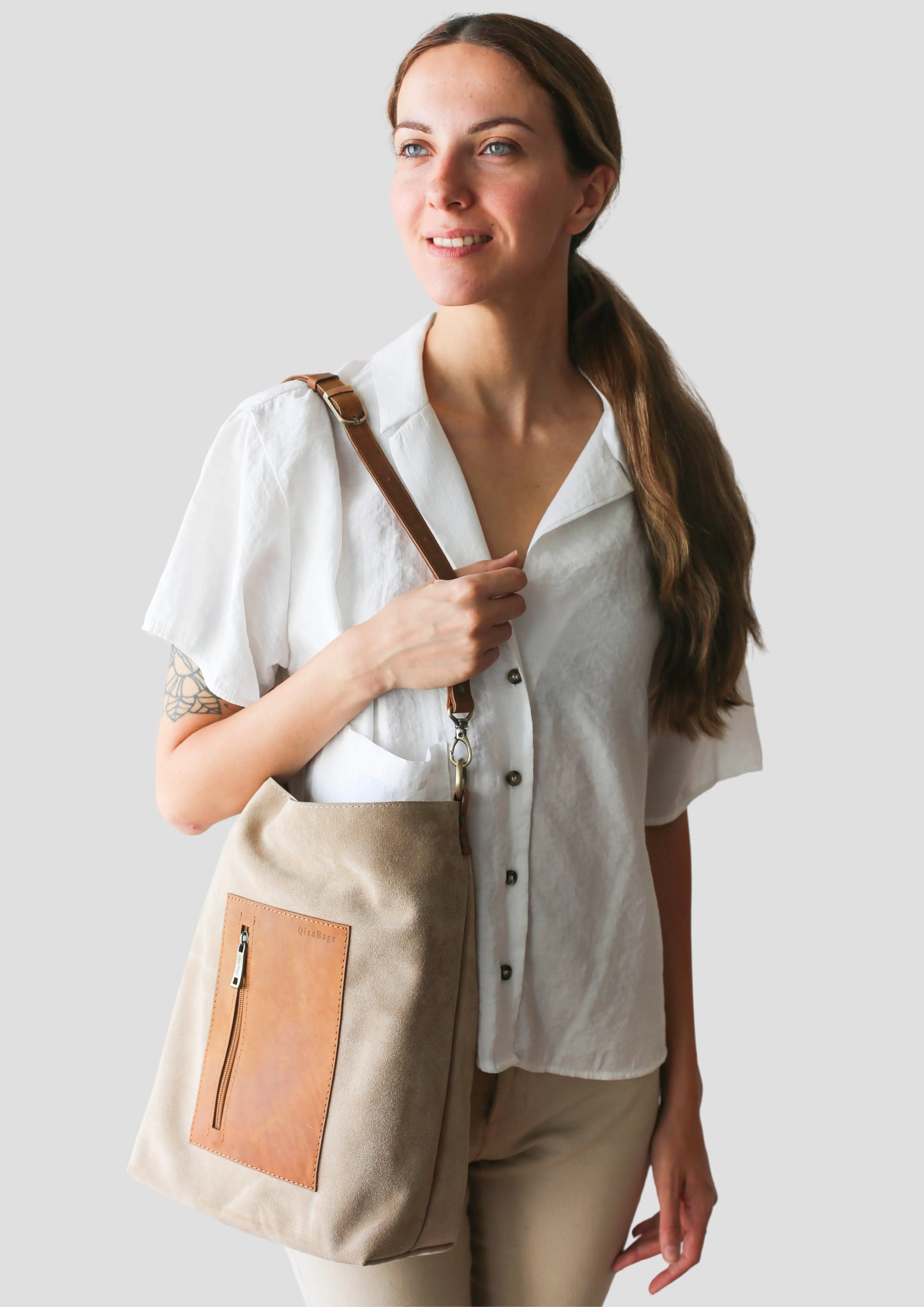 Beige Suede Leather Satchel