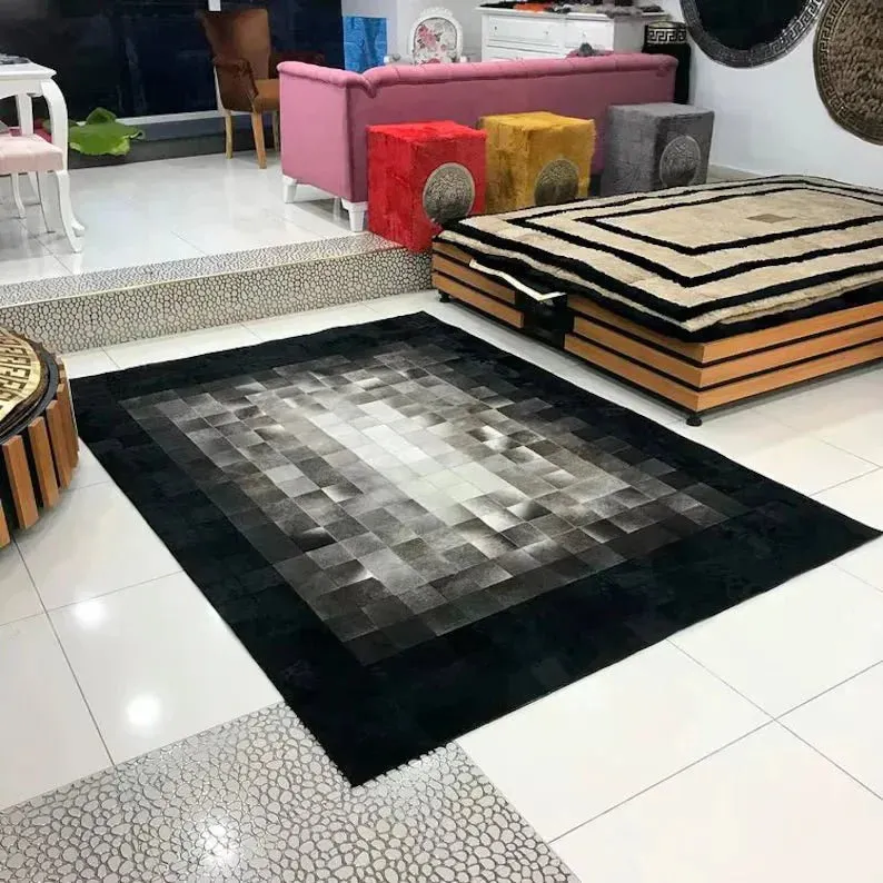 Black and Gray Natural Leather Cowhide 10x8 Rug, Handmade Genuine Cowhide Area Rug, Non Slip Rug