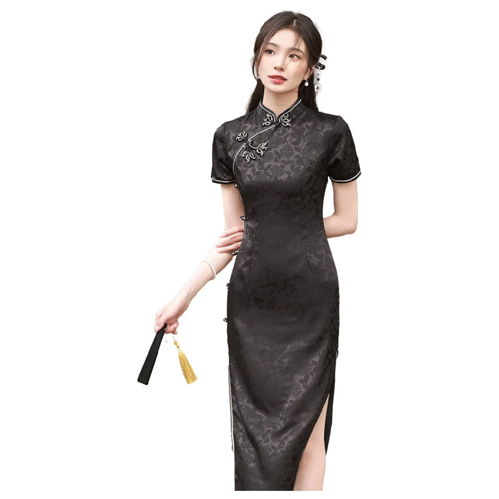 Black Traditional Chinese Jacquard Qipao Dress