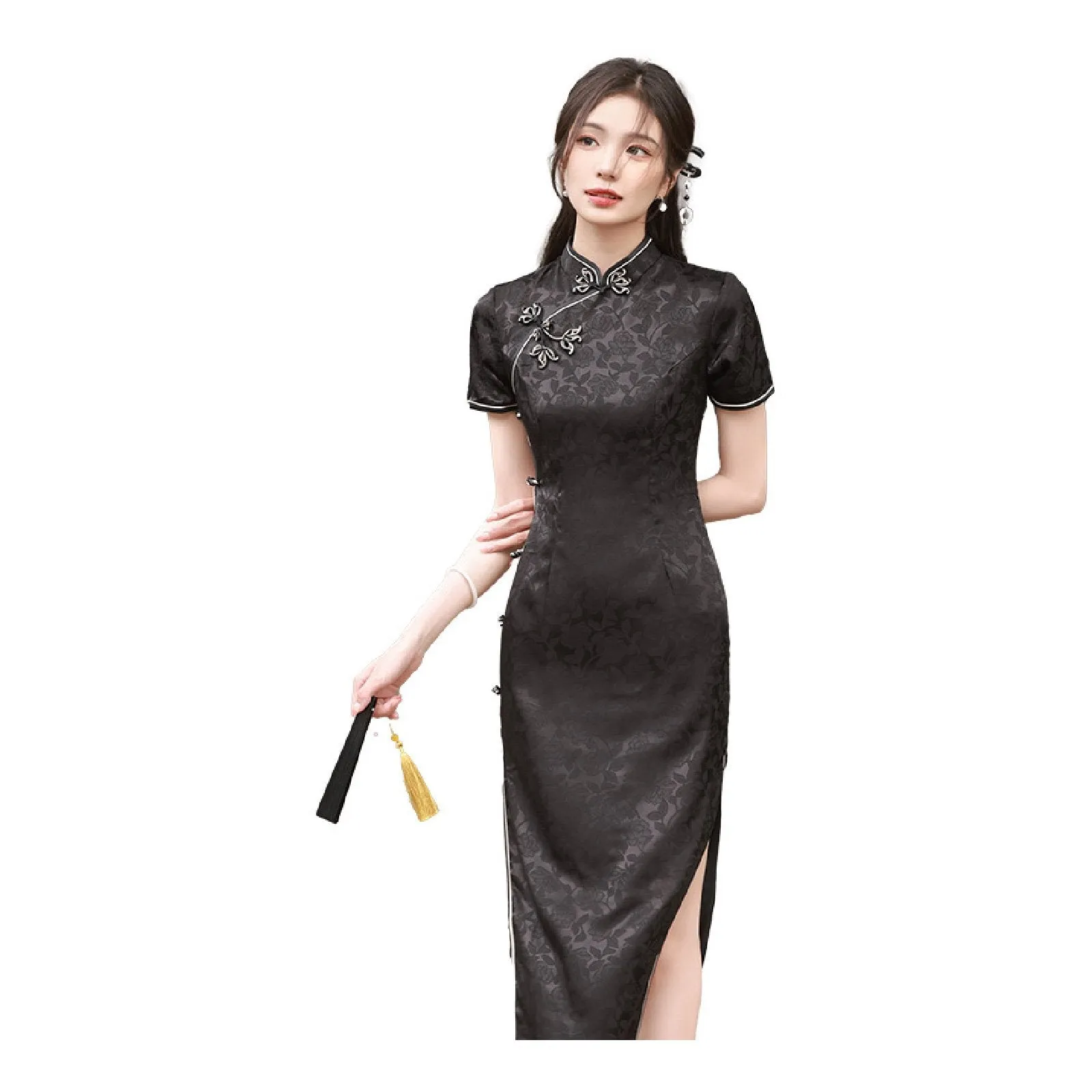 Black Traditional Chinese Jacquard Qipao Dress