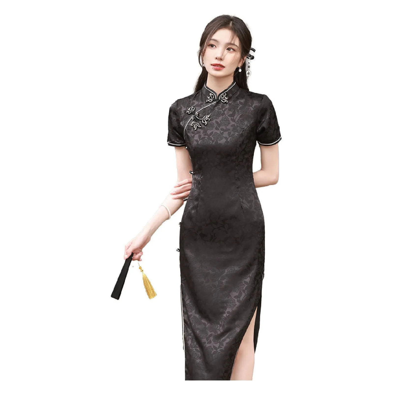 Black Traditional Chinese Jacquard Qipao Dress