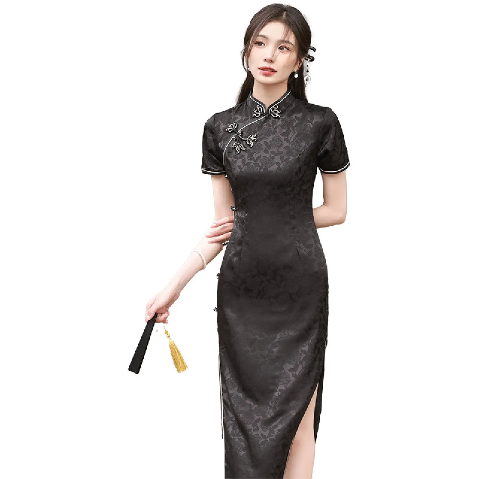 Black Traditional Chinese Jacquard Qipao Dress