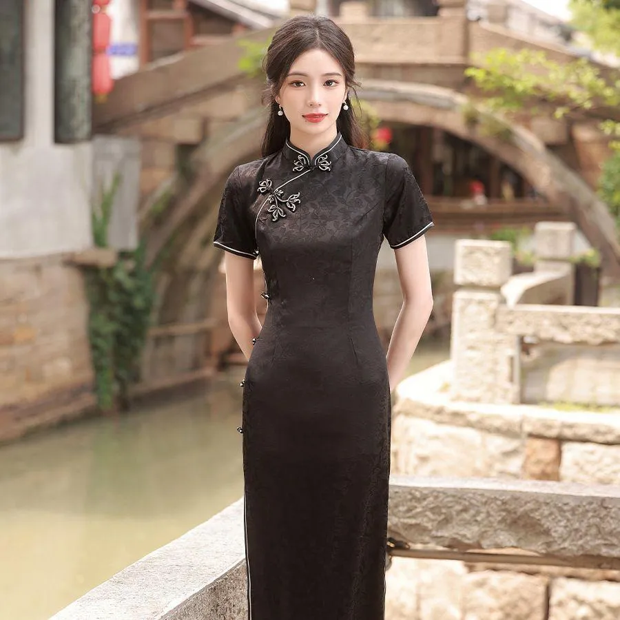 Black Traditional Chinese Jacquard Qipao Dress