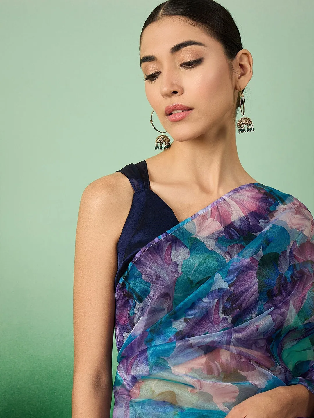 Blue Floral Digital Printed Organza Saree