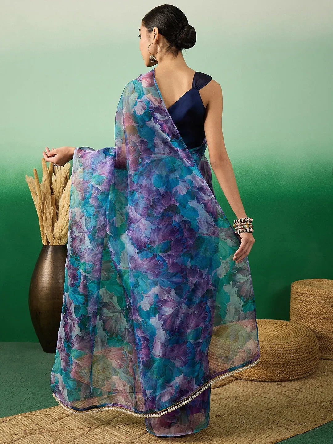 Blue Floral Digital Printed Organza Saree