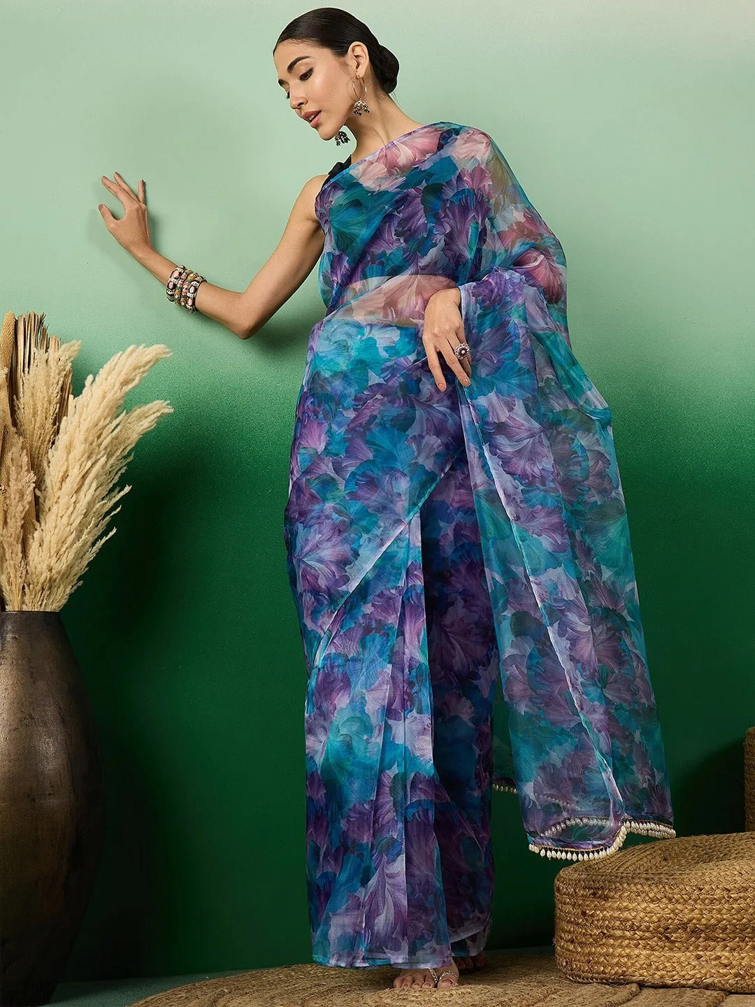 Blue Floral Digital Printed Organza Saree