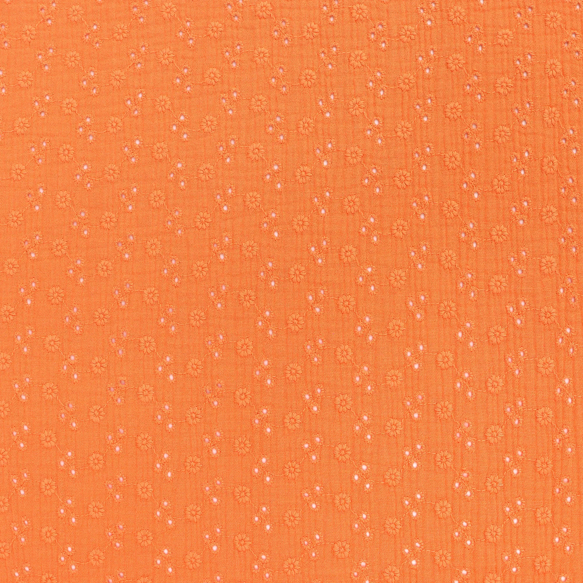 Cotton Double Gauze - Embroidered Flowers - Orange - SALE