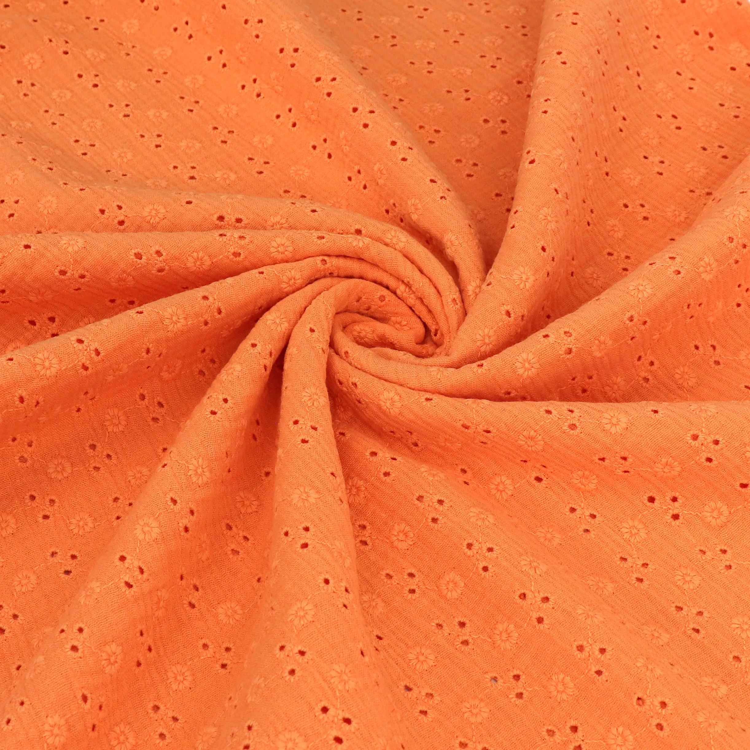 Cotton Double Gauze - Embroidered Flowers - Orange - SALE