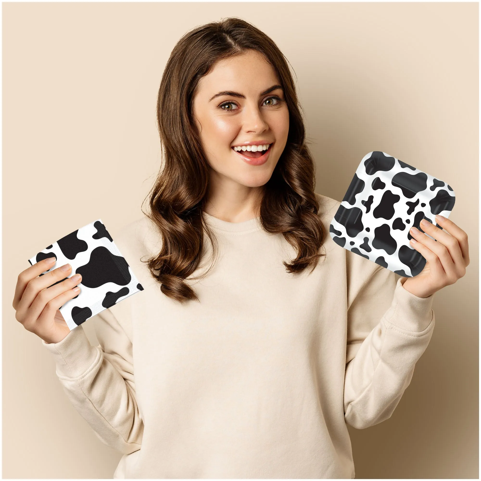 Cow Print Party Pack - Black and White Cow Paper Dessert Plates, Napkins, Cups, Banner Garland, & Wood Table Cover Set for Western and Farm Animal Theme Parties (Serves 16)