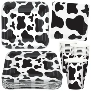 Cow Print Party Pack - Black and White Cow Paper Dessert Plates, Napkins, Cups, Banner Garland, & Wood Table Cover Set for Western and Farm Animal Theme Parties (Serves 16)