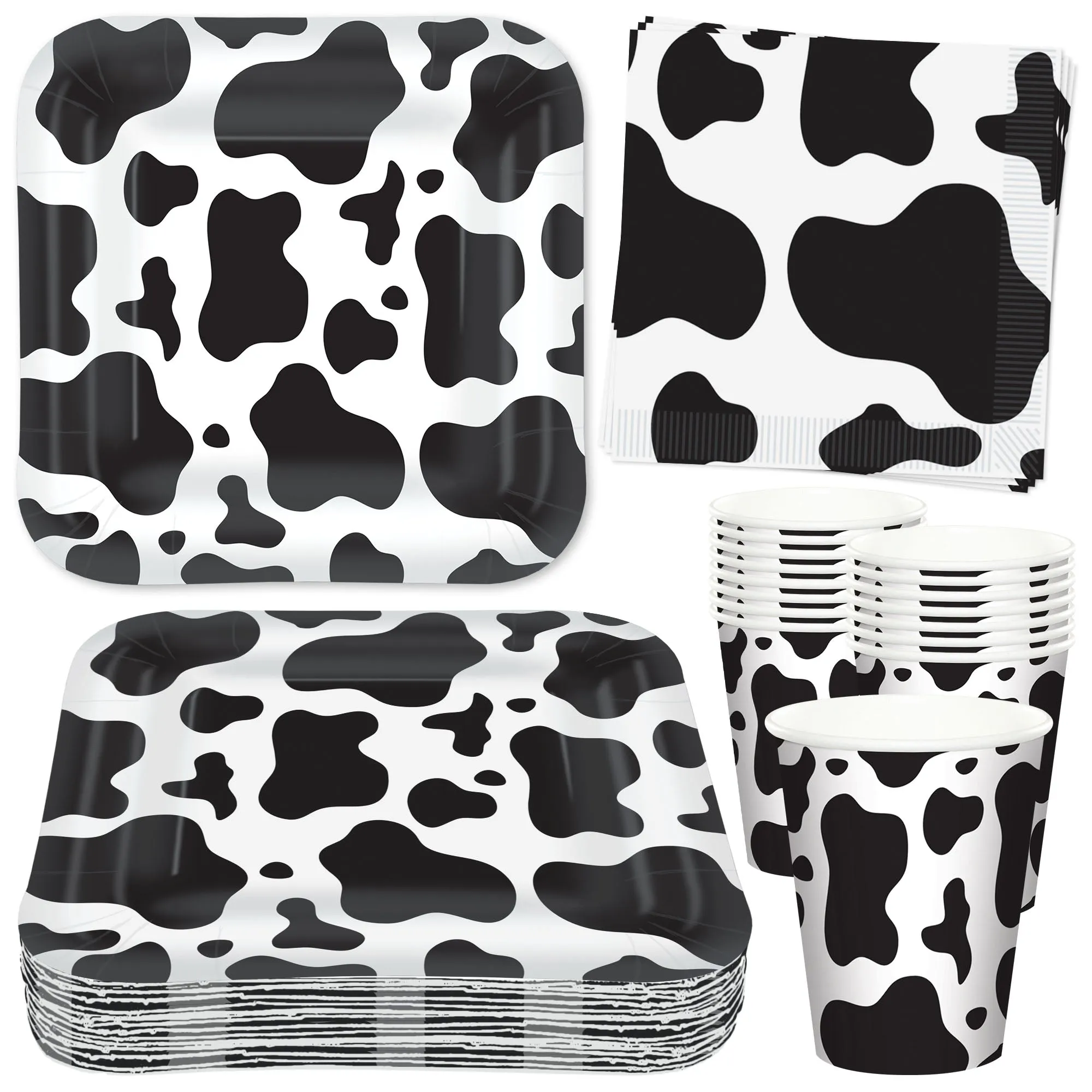 Cow Print Party Pack - Black and White Cow Paper Dessert Plates, Napkins, Cups, Banner Garland, & Wood Table Cover Set for Western and Farm Animal Theme Parties (Serves 16)
