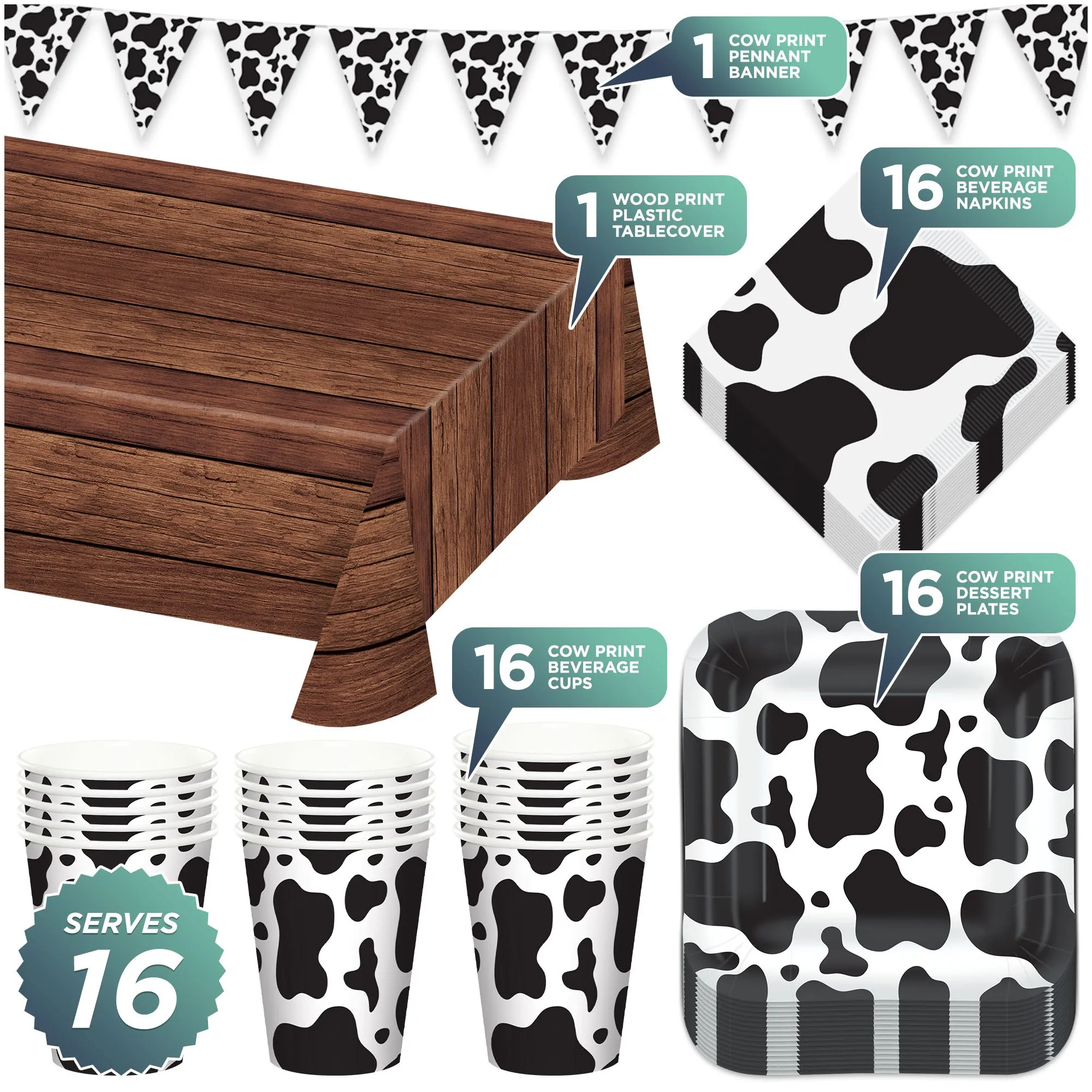 Cow Print Party Pack - Black and White Cow Paper Dessert Plates, Napkins, Cups, Banner Garland, & Wood Table Cover Set for Western and Farm Animal Theme Parties (Serves 16)