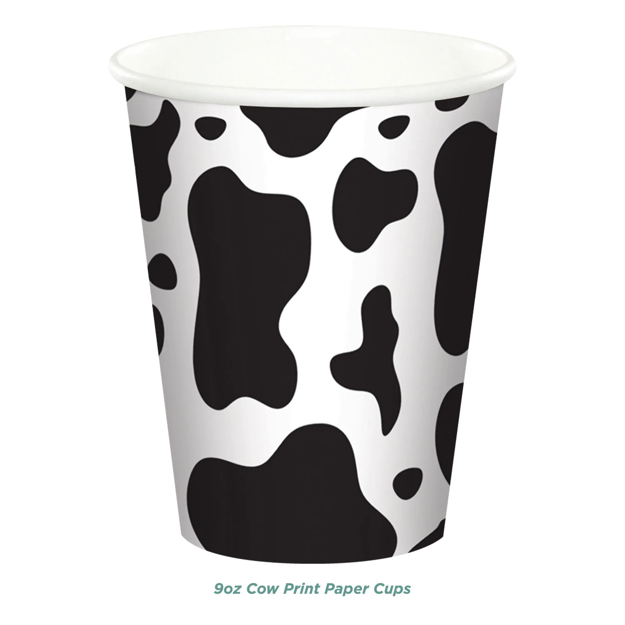 Cow Print Party Pack - Black and White Cow Paper Dessert Plates, Napkins, Cups, Banner Garland, & Wood Table Cover Set for Western and Farm Animal Theme Parties (Serves 16)