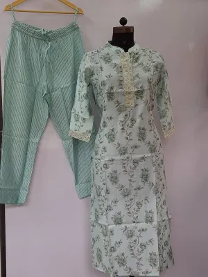 Floral Green Printed Muslin Pant Set