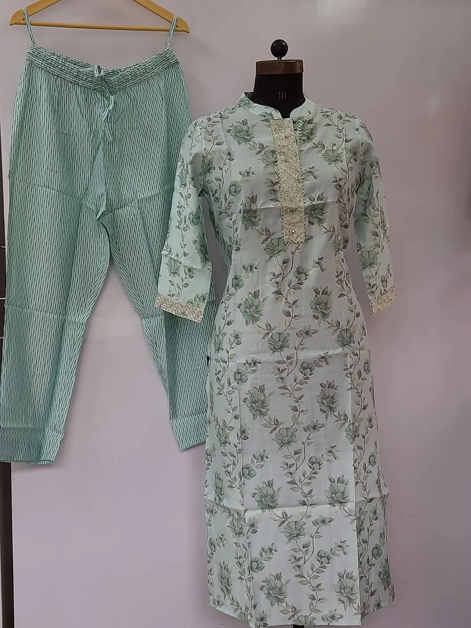 Floral Green Printed Muslin Pant Set