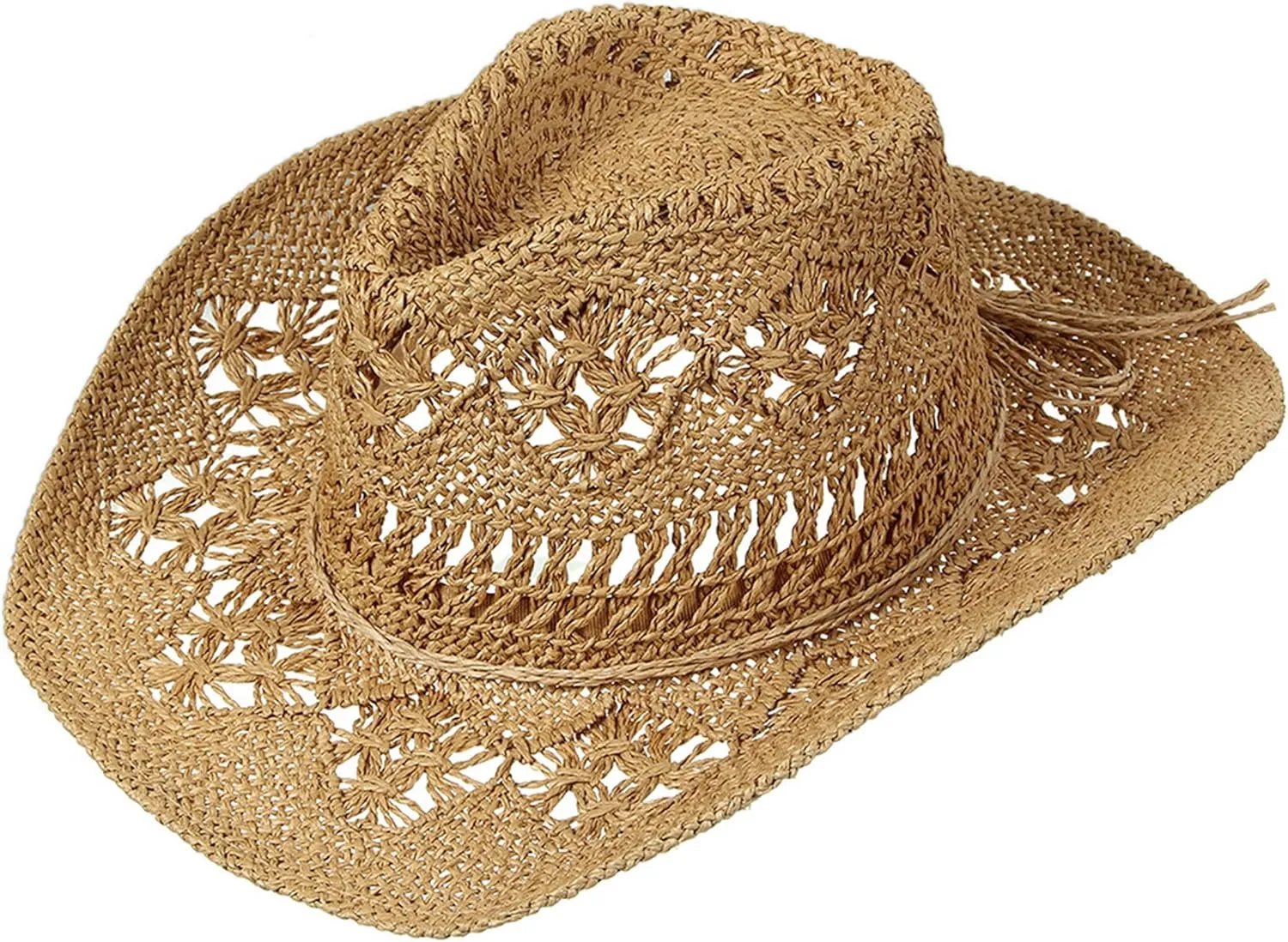 GEMVIE Men & Women's Summer Cowboy Cowgirl Straw Hat Hollow Out Style Roll Up Brim Cowboy Sun Hat