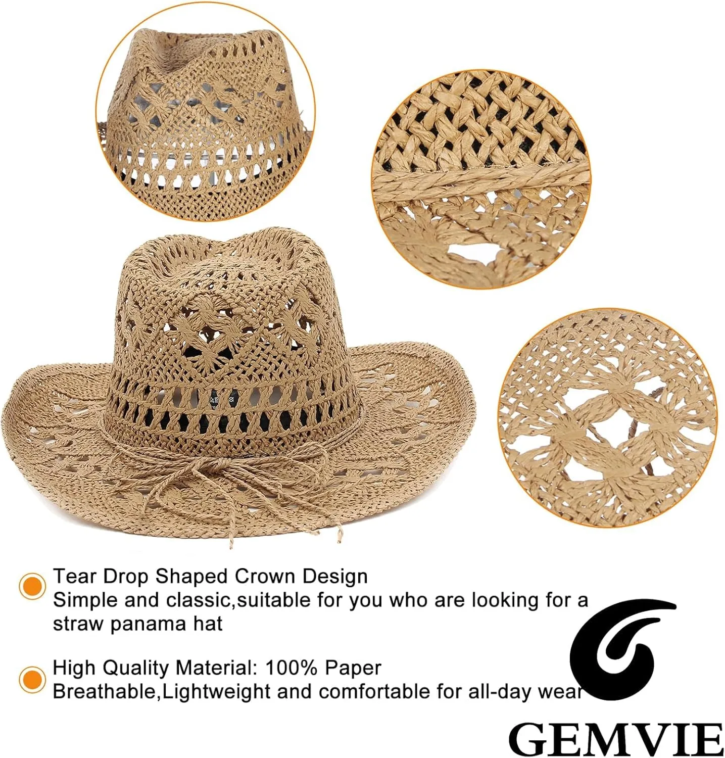 GEMVIE Men & Women's Summer Cowboy Cowgirl Straw Hat Hollow Out Style Roll Up Brim Cowboy Sun Hat