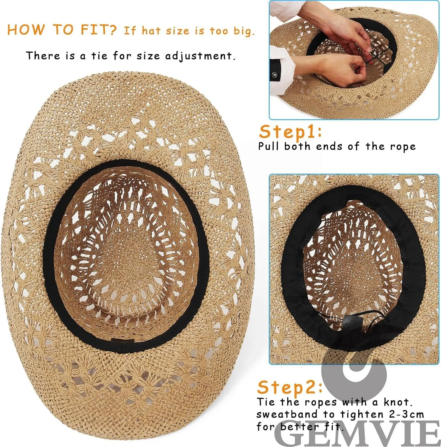 GEMVIE Men & Women's Summer Cowboy Cowgirl Straw Hat Hollow Out Style Roll Up Brim Cowboy Sun Hat