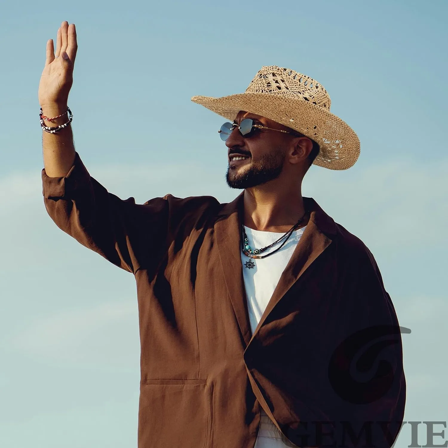 GEMVIE Men & Women's Summer Cowboy Cowgirl Straw Hat Hollow Out Style Roll Up Brim Cowboy Sun Hat