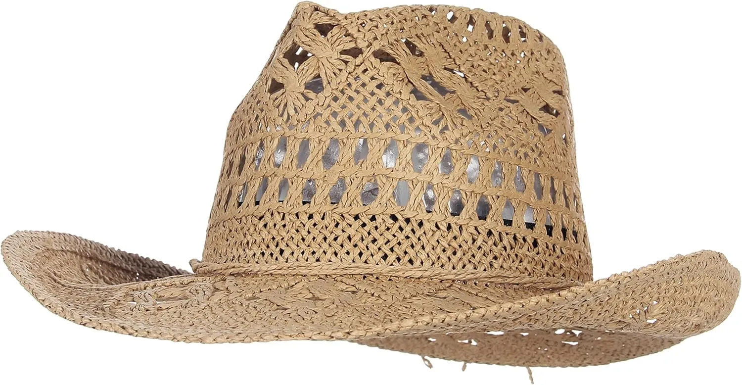 GEMVIE Men & Women's Summer Cowboy Cowgirl Straw Hat Hollow Out Style Roll Up Brim Cowboy Sun Hat