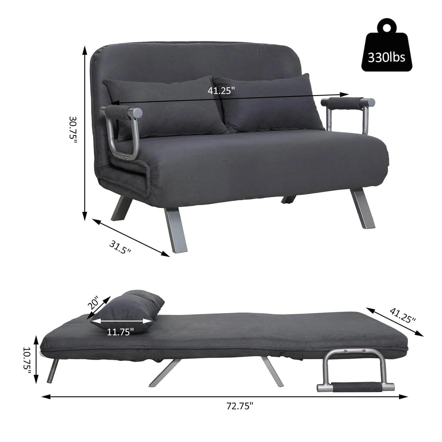 Grey Faux Suede Folding Convertible Sleeper Sofa Bed
