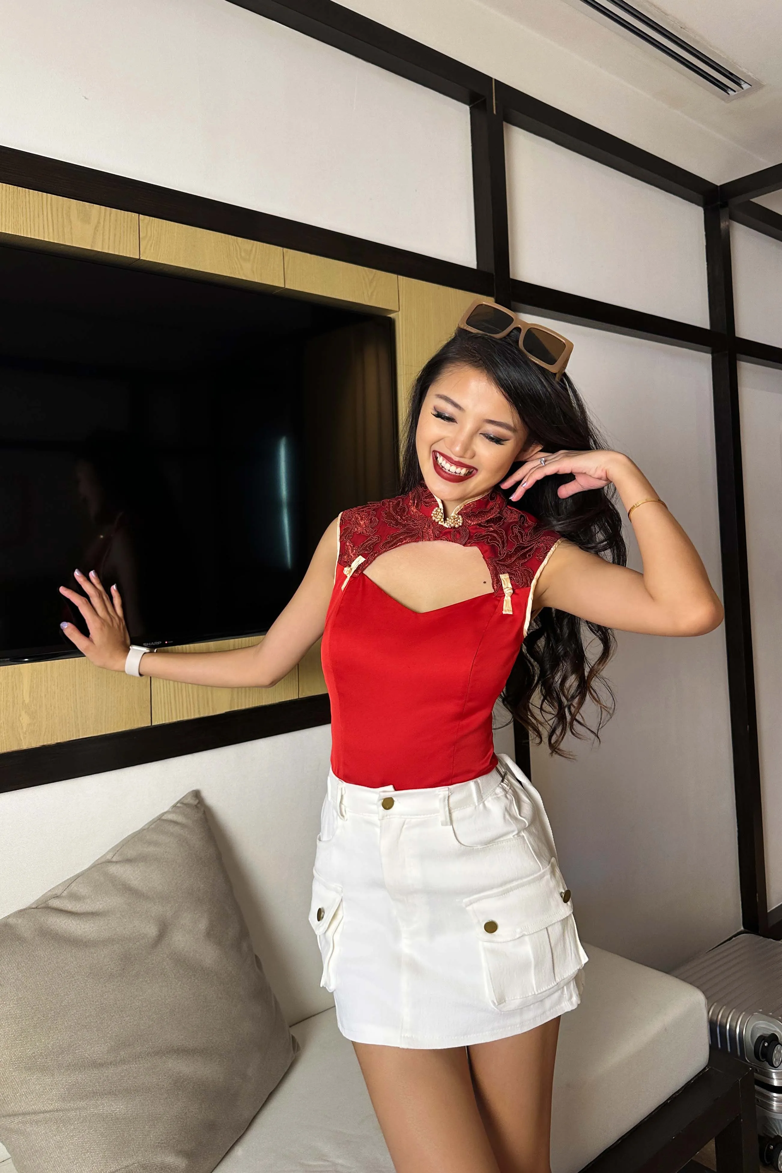 Icen Cutout Embroidery Qipao Top in Red