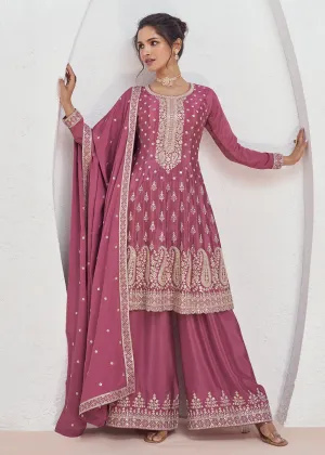 Incredible Pink Embroidered Chinnon Festive Palazzo Suit