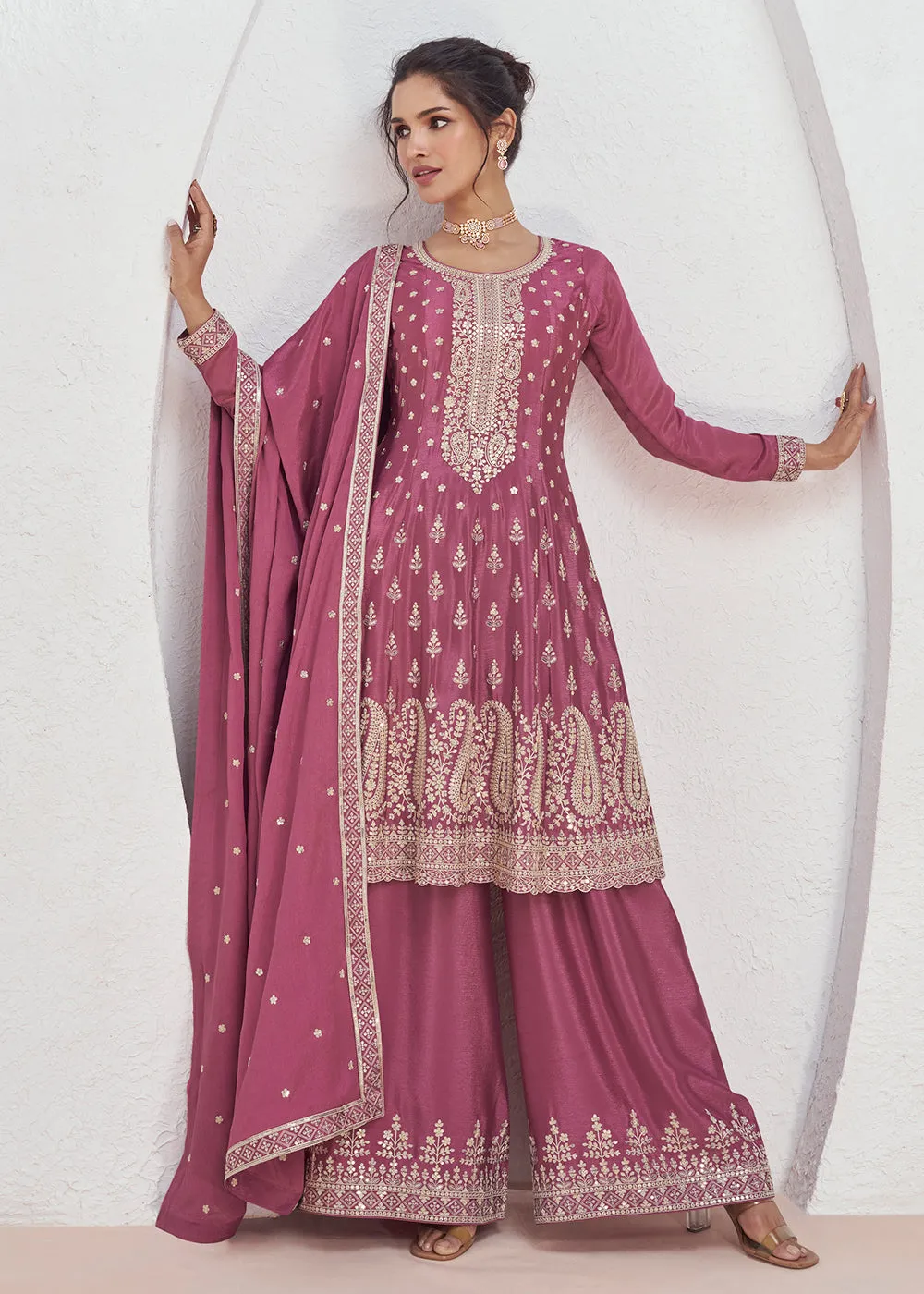 Incredible Pink Embroidered Chinnon Festive Palazzo Suit