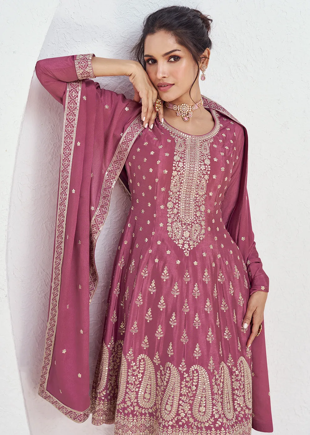 Incredible Pink Embroidered Chinnon Festive Palazzo Suit