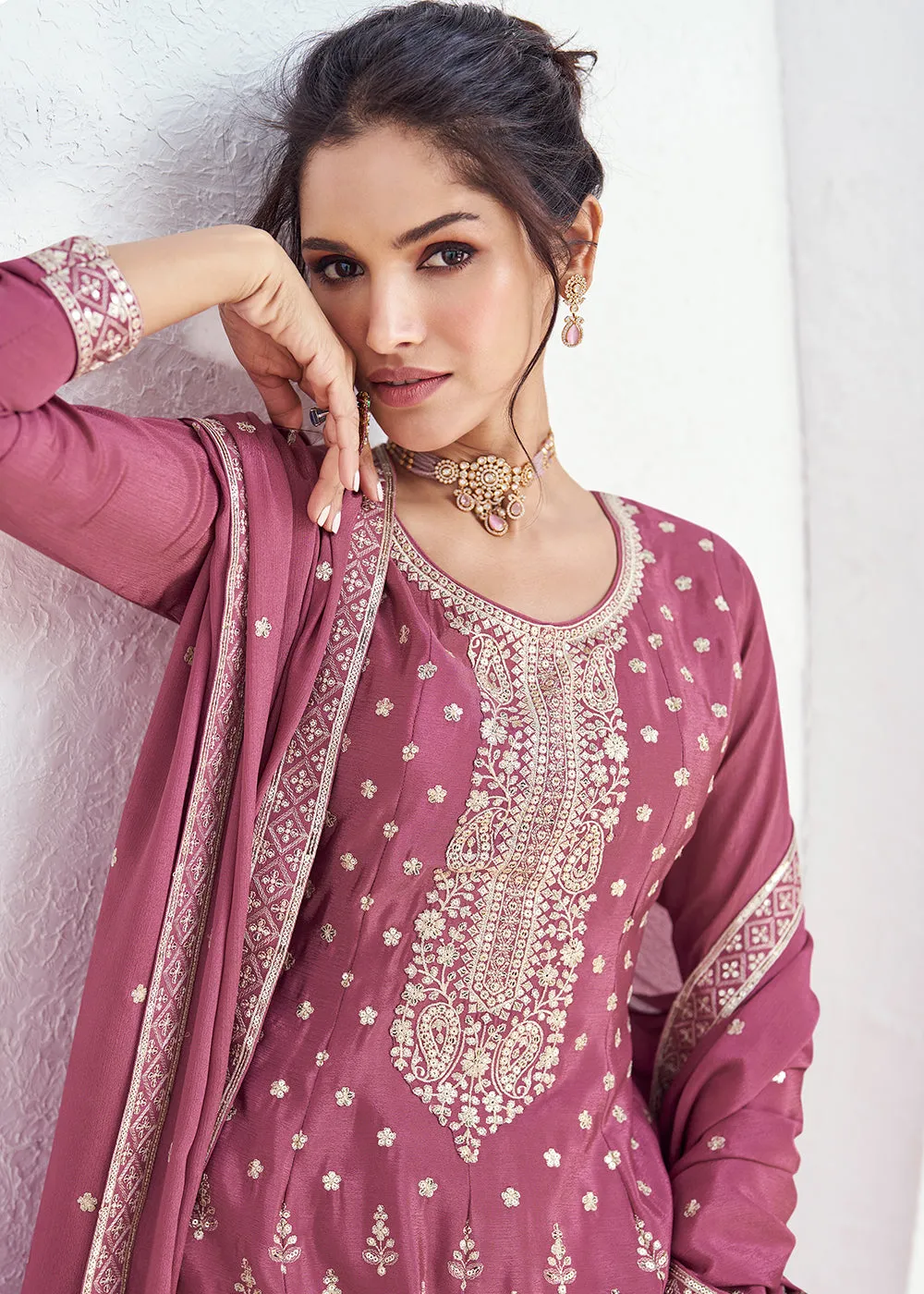 Incredible Pink Embroidered Chinnon Festive Palazzo Suit