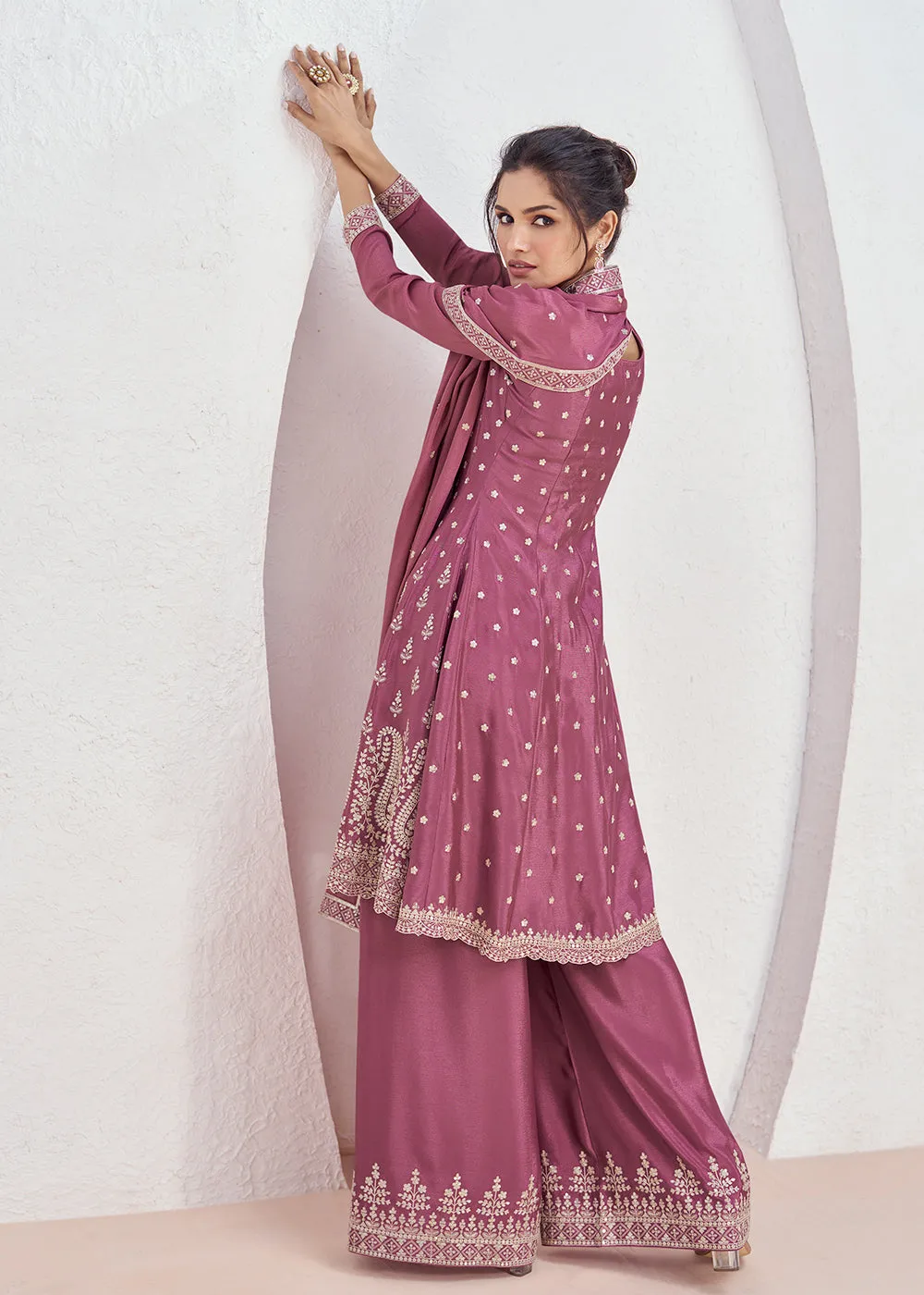 Incredible Pink Embroidered Chinnon Festive Palazzo Suit
