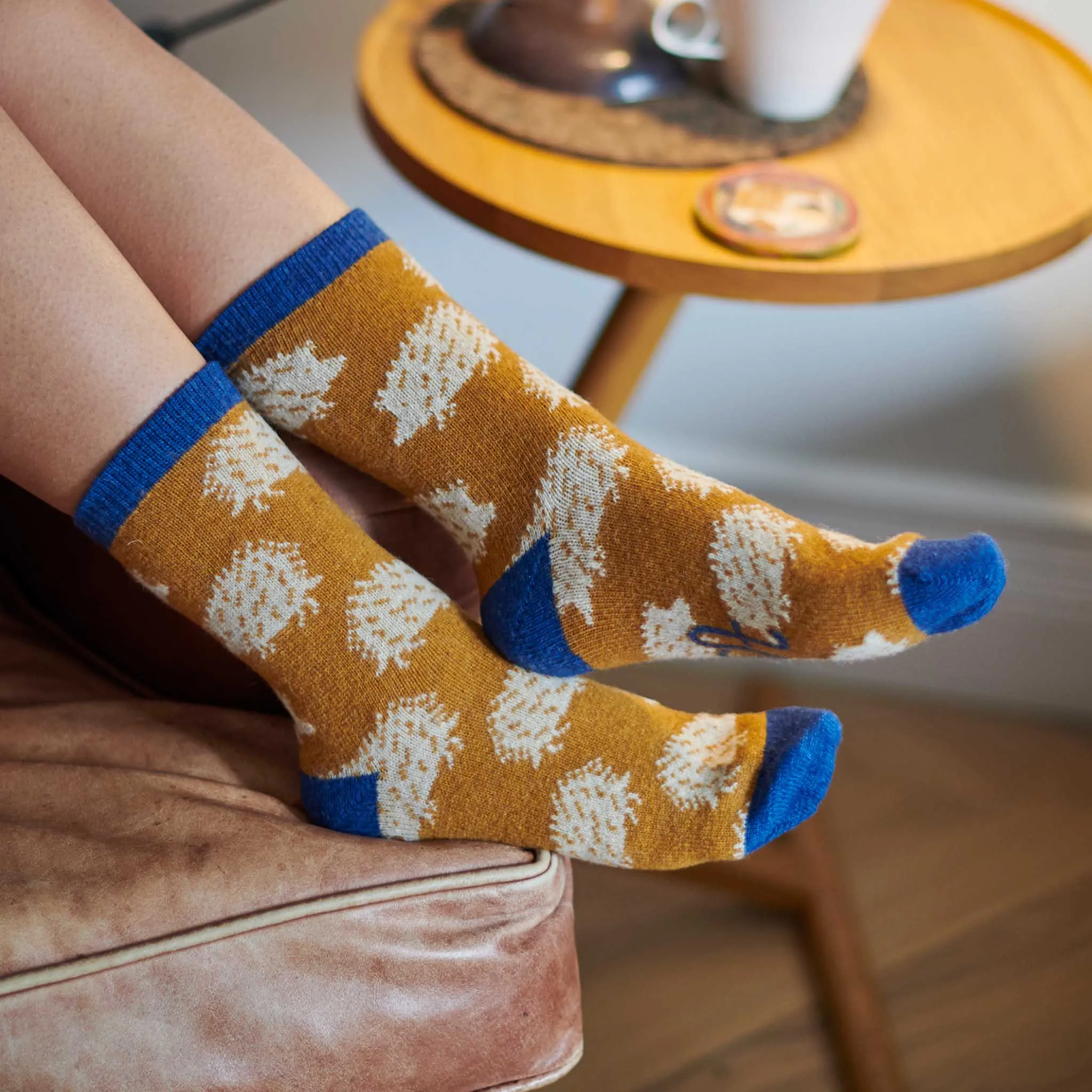 Ladies Mustard Hedgehog Lambswool Ankle Socks