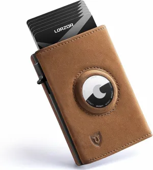 LORZOR AirTag Wallet - Full Grain Leather Handcrafted, Minimalist Wallet for Men with Apple Air Tag Holder, RFID Blocking, Slim Smart Trifold Pop up Card Case, Front Pocket??AirTag Not Included??