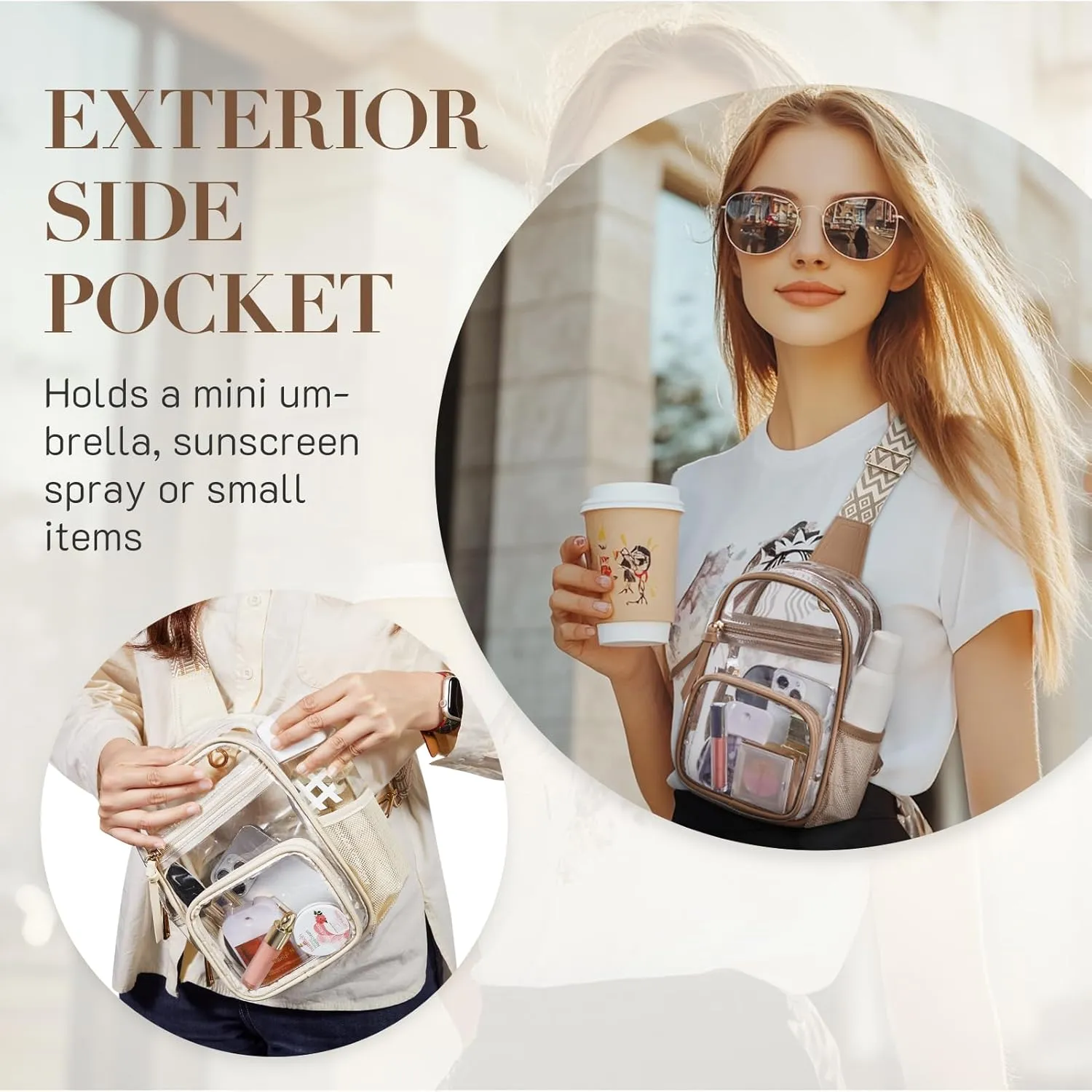Missnine Clear Bag for Stadium Events Clear Sling Bag Fanny Pack Crossbody Purse for Sport Concert with Side Mesh Pocket