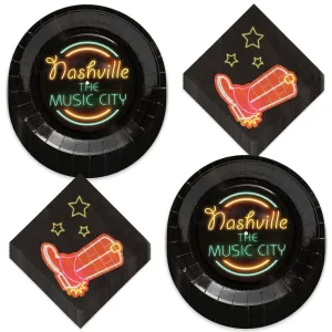 Nashville Music City Neon Lights Paper Plates and Western Cowboy Boot Napkins (Serves 16)