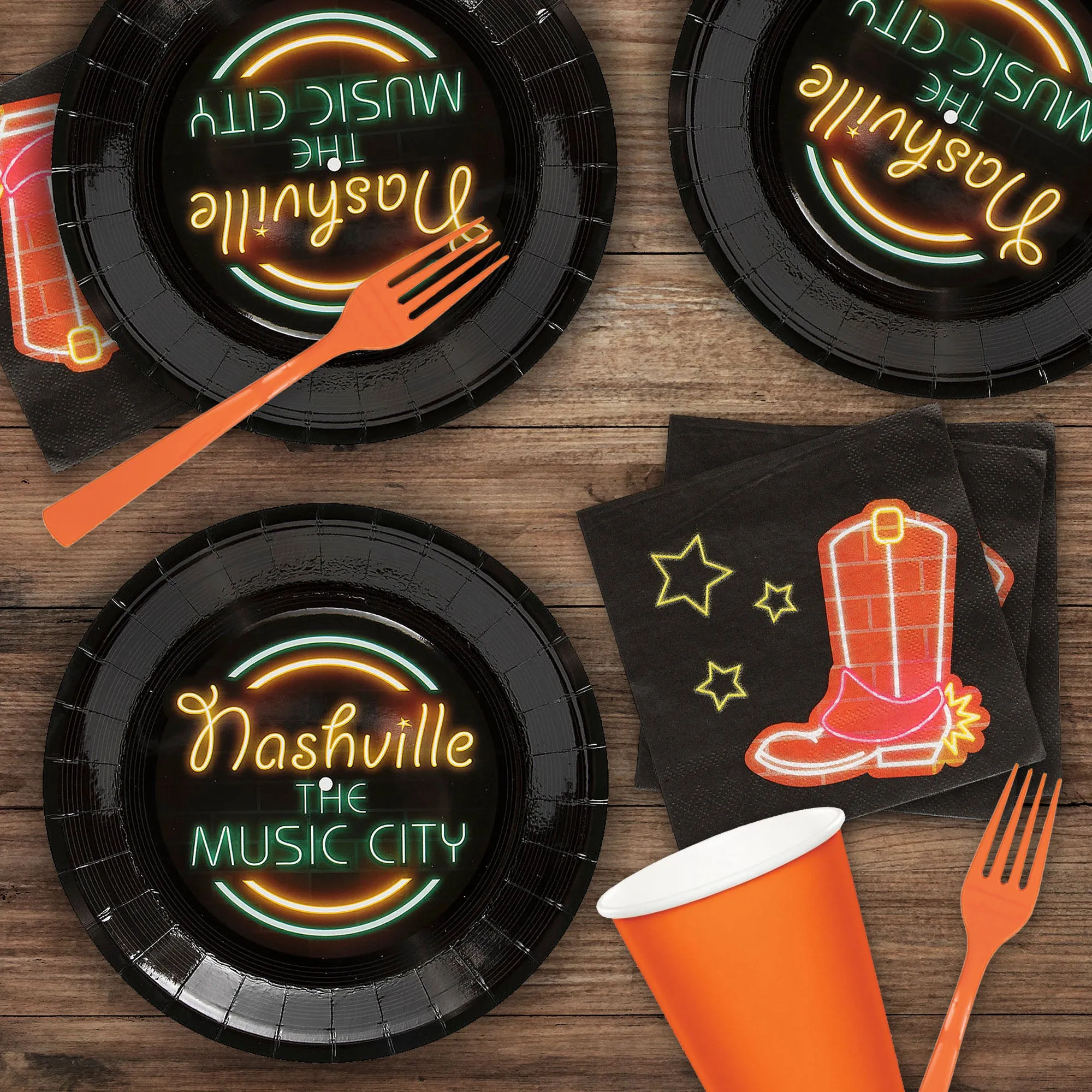 Nashville Music City Neon Lights Paper Plates and Western Cowboy Boot Napkins (Serves 16)