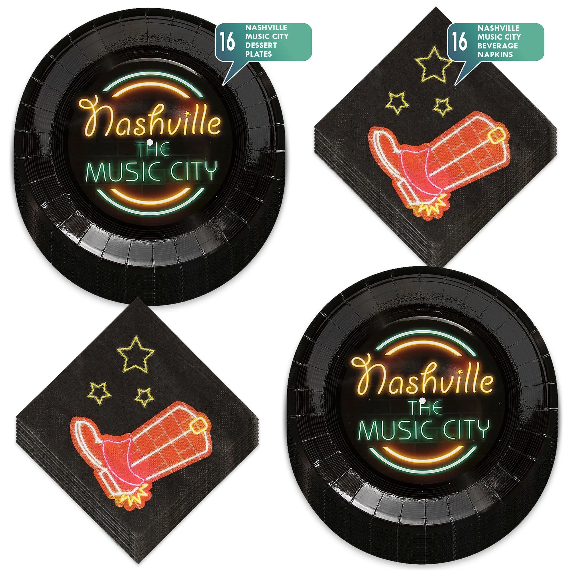 Nashville Music City Neon Lights Paper Plates and Western Cowboy Boot Napkins (Serves 16)