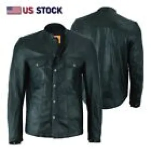 No Collar HL10499 Club Leather Shirt Men Black Mandarin collar