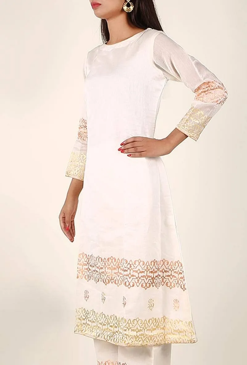 Off White Gold Foil Print Chanderi Kurta