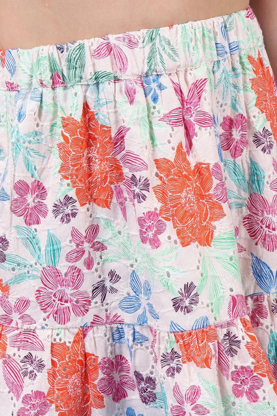 One Friday Kids Girls Beige Printed Tiered Skirt With Elasticated Waistband